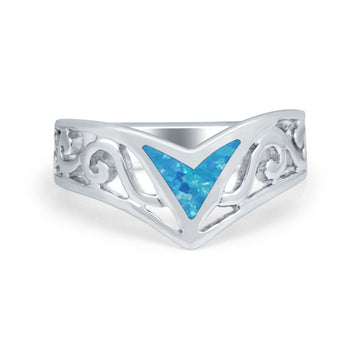 Lab Created Blue Opal Filigree Chevron Thumb V Ring Round 925 Sterling Silver